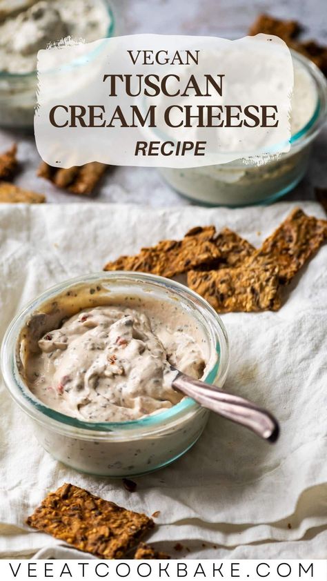 Indulge in the rich flavors of Tuscany with this delectable Vegan Tuscan Cream Cheese recipe. This dairy-free, creamy spread captures the essence of Italian cuisine while being entirely plant-based. Perfect for spreading on toast, crackers, or using as a dip. Elevate your snacking experience with this easy homemade dairy-free cream cheese. #VeganRecipes #DairyFree #CreamCheese #TuscanFlavors #PlantBased" Herb Cream Cheese Recipe, Vegan Cream Cheese Recipe, Tofu Cream Cheese, Cream Cheese Recipes Dessert, Cream Cheese Recipe, Vegan Nachos Cheese, Cheese Alternative, Vegan Feta Cheese, Dairy Free Cream Cheese