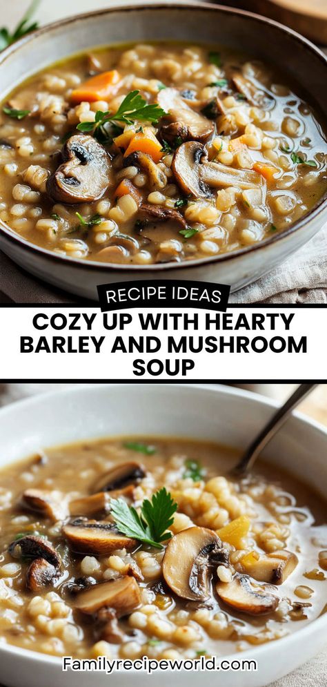 Warm your soul with this delicious Barley and Mushroom Soup that's perfect for chilly evenings! Packed with the rich flavors of chewy pearl barley and earthy mushrooms, this nutrient-rich soup is not only quick to make but also budget-friendly. With fresh vegetables and aromatic thyme, each spoonful delights your taste buds. Ready in just 30 minutes, it’s a comforting meal that pairs beautifully with crusty bread or a crisp salad. Enjoy the warmth and nourishment of this homemade comfort food! Crisp Salad, Mushroom Soup Recipe, Homemade Comfort Food, Mushroom Soup Recipes, Pearl Barley, Sliced Mushrooms, Light Lunch, Family Recipe, Crusty Bread