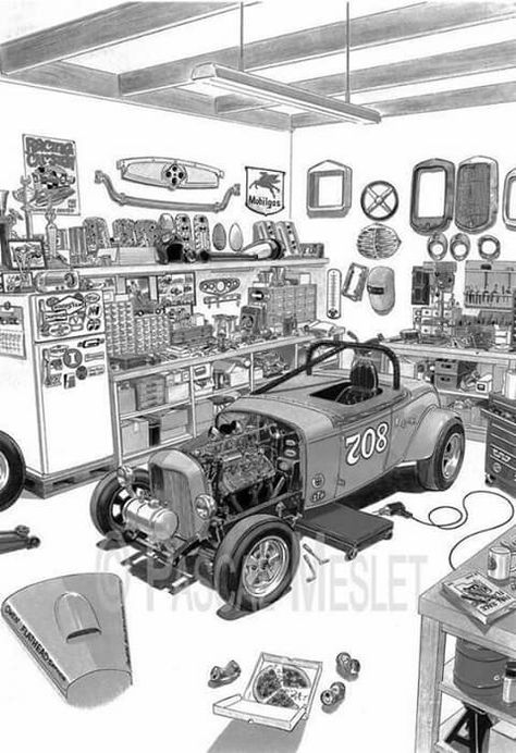 Garage Layout, Garage Drawing, Garage Diorama, Cool Garages, Automotive Artwork, Classic Cars Trucks Hot Rods, Car Artwork, Car Illustration, Car Sketch