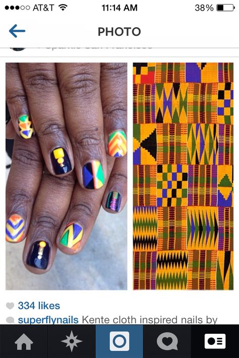 Kente Cloth Nail Art, Kwanzaa Nail Designs, Kwanzaa Nails, African Nails Design Black Women, Bhm Nails, American Manicure Nails, Finger Designs, Nails February, Rasta Nails