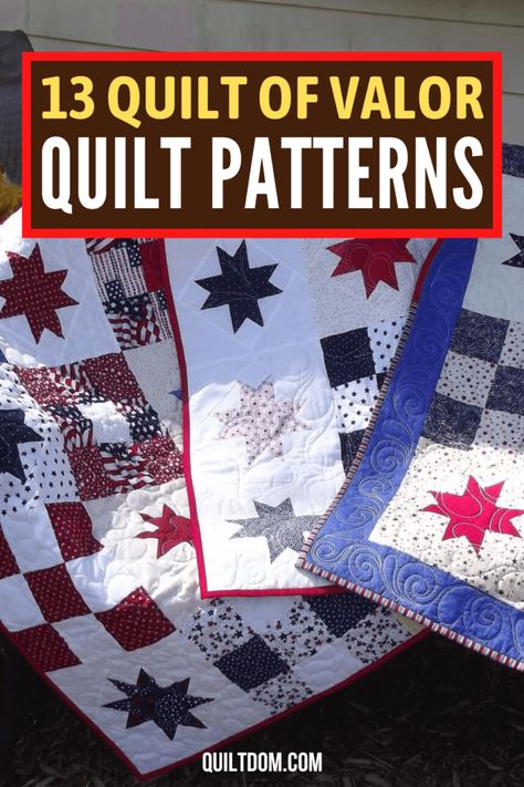 13 Patriotic Quilts Of Valor Quilt Patterns Patriotic Patchwork Quilts, Veteran Quilt Patterns, Quilt Of Valor Patterns Free Easy, Veterans Quilts Patterns, Patriotic Quilt Blocks Free Pattern, Red White And Blue Quilts Ideas, Flag Quilt Pattern Free, Quilts Of Valor Patterns Free Easy, Patriotic Quilts Patterns