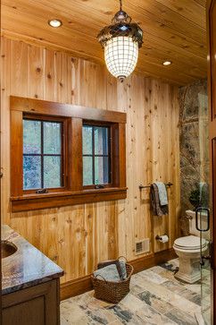 Refined Rustic - rustic - bathroom - other metro - Designs by Dawn at the Lake Street Design Studio Rustic Window Trim Wood, Cabin Window Trim, Stained Window Trim, Rustic Window Trim, Baseboard Trim Styles, Rustic Trim, Wood Window Trim, Cabin Walls, Window Trims