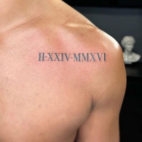 Roman Number Tattoo Men, Chest Roman Numeral Tattoo, Roman Number Tattoo, Roman Numeral Tattoo Men, Tattoo Between Breast, Tattoo Under Breast, Roman Numbers Tattoo, Thigh Tattoo Men, Roman Tattoo