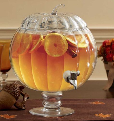 Fall Cocktail Party, Pumpkin Drink, Caramel Apple Bars, Pumpkin Table Decorations, Glass Beverage Dispenser, Pumpkin Drinks, Apple Bars, Easy Halloween Party, Beverage Dispenser