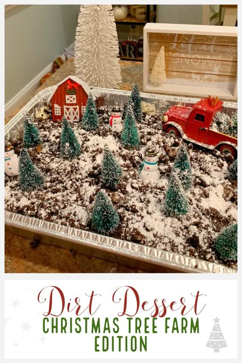 Fun Christmas tree farm dirt dessert. Regular dirt dessert + mini trees and ornaments from Target! Powdered sugar on top for a snowy effect. Christmas Dirt Pudding, Christmas Dirt Cups, Pudding Platter, Christmas Dirt Cake, Christmas Receipts, Oreo Dirt Dessert, Farm Party Foods, Christmas Oreo, Dirt Dessert