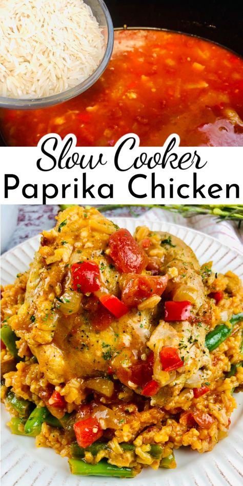 With flavorful rice cooked in the same sauce as the chicken, Slow Cooker Paprika Chicken is a complete and hearty meal! Comfort food is the best kind of food. via @nmburk Crock Pot Paprika Chicken, Slow Cooker Paprika Chicken, Paprika Chicken Slow Cooker, Slow Cooker Rice Dishes, Slow Cooker Complete Meals, Slow Cooker Rice Meals, Slow Cooker Chicken Rice Recipes, Instant Rice Recipes, Slow Cooker Chicken Rice