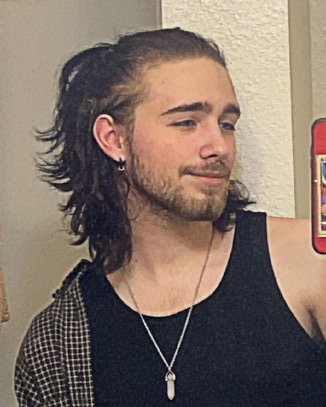 Punk Long Hair Men, Long Curly Hair Men Ponytail, Masc Face Claims White, Alternative Male Hairstyles, Male Face Claims Long Hair, Cowboy Face Claim, Grunge Hair Men, Long Hair Boy Aesthetic, Masculine Long Hairstyles