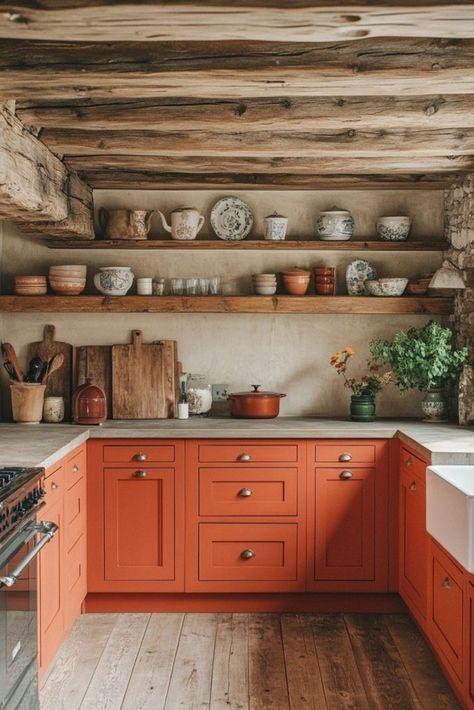 Burnt Orange Kitchen Cabinets, Kitchen Grey Countertops, Orange Kitchen Cabinets, Orange Fridge, Burnt Orange Kitchen, Burnt Orange Paint, Paint Colors For Kitchen Cabinets, Orange Kitchens, Orange Farmhouse