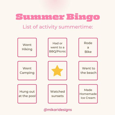 Today's game is Summer Bingo, beautiful people!! If you've done it this year, mark it down, and if you have a row, whether vertical, horizontal, or diagonal, comment BINGO! Summer Bingo, List Of Activities, English Lessons, Bingo, Summer Vacation, Hanging Out, Beautiful People, This Year, Quick Saves