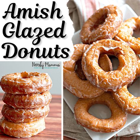 Amish Glazed Donuts - An Old Fashioned Donut Recipe - Nerdy Mamma Amish Doughnut Recipe, Old Fashioned Donut Recipe, Amish Donuts Recipe, Amish Desserts, Raised Donuts, Apple Cider Donuts Recipe, Old Fashioned Donut, Dairy Free Coffee, Homemade Donuts Recipe