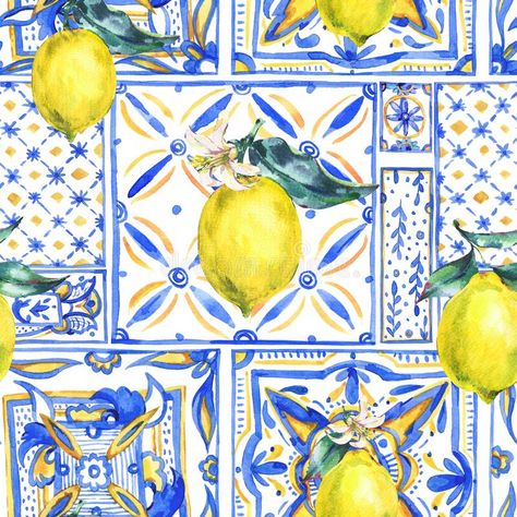 Italian Tiles Pattern, Blue And White Tile, Italian Pattern, Watercolor Lemon, Pattern Fruit, Mediterranean Tile, Yellow Tile, Lemon Patterns, Tile Print