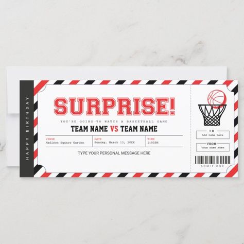 Surprise Basketball Game Personalized Gift Ticket Game Ticket, Basketball Tickets, Surprise Birthday Invitations, Surprise Birthday Gifts, Game Tickets, Ticket Template, Anniversary Invitations, Basketball Game, Gift Voucher