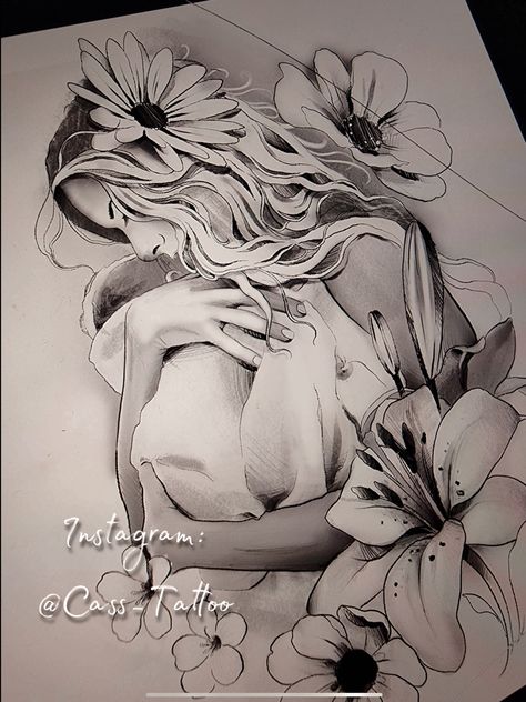 @Cass_Tattoo #drawing #tattoosforwomen #motherbaby #cutebaby #babydrawing #babyart #motherhood #mothertattoos #casstattoo #tattoosformums #mumlife 1st Time Mom Tattoos, Floral Motherhood Tattoo, Mom And Baby Animal Tattoo, Pregnant With Tattoos, Motherhood Tattoos Unique, Mother Holding Baby Tattoo, Gaia Tattoo, Pregnant Woman Tattoo, Tattoos Representing Children