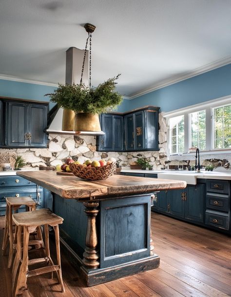 Kitchen Island With An Antique Addition Antique Buffet Kitchen Island, Island Ideas For Kitchen, Oval Kitchen Island, Kitchen Island Vintage, Antique Kitchen Island, Best Kitchen Island, Bathroom Counter Decor Ideas, Kitchen Setup, Navy Blue Kitchen