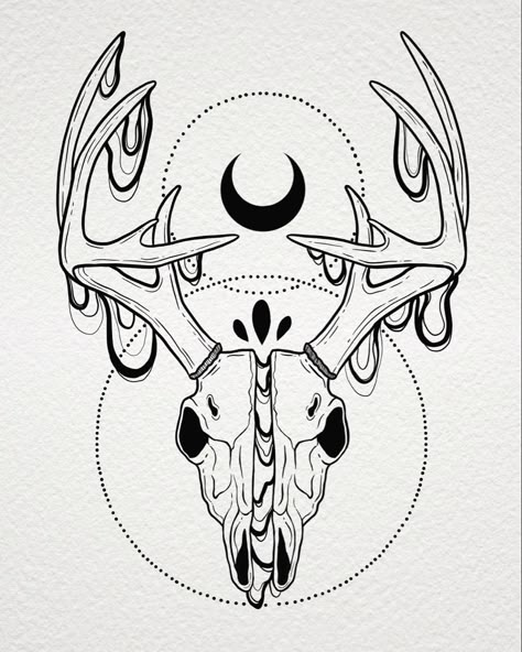 Trippy drippy geometric deer skull animal skull tattoo artwork Deer Skull Drawing Simple, Deer Skull Drawing, Linework Tattoo Design, Danny Tattoo, Skull Side View, Deer Skull Tattoo, Animal Skull Drawing, Lino Ideas, Deer Skull Tattoos