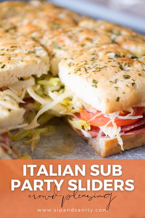 Cold Italian Sub Sandwich Party Sliders are the thing to make for picnics, the beach, poolside, tailgating…and, well…parties! They are quick and easy to assemble and always a crowd favorite! Bake your own homemade focaccia or use slider, Hawaiian, or dinner rolls for easy assembly. These have that undeniable Italian sub flavor — the salty bite of Italian deli meat, the briny spice of banana peppers, and the fresh crunch of dressed veggies. Easy Meals For A Large Group, Italian Sandwich Sliders, Italian Sub Sandwich, Sandwich Party, Sandwich Sliders, Hawaiian Roll Sandwiches, Party Sliders, Sliders Recipes Hawaiian Rolls, Homemade Focaccia