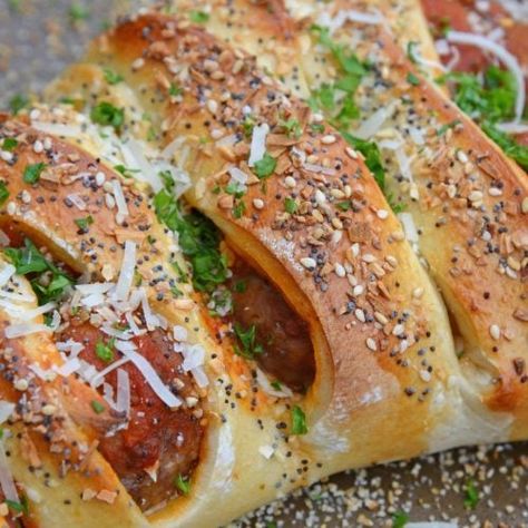 Everything Meatball Stromboli - Savory Experiments Meatball Stromboli Recipe, Meatball Stromboli, Salmon Croquettes Recipe, Fried Salmon Patties, Croquettes Recipe, Stromboli Recipe, Best Sausage, Everything Bagel Seasoning, Bread Dip