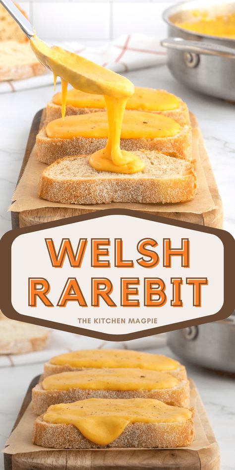 Welsh rarebit pin Welch Rarebit Cheese Recipes, Welsh Rarebit Cheese Sauce, Stouffer's Welsh Rarebit, Welsh Rabbit Recipe Cheese Sauce, Rarebit Recipe Cheese Sauce, Welsh Rabbit Recipe, Welsh Recipes Authentic, Traditional Irish Side Dishes, Welsh Rarebit Recipe Traditional