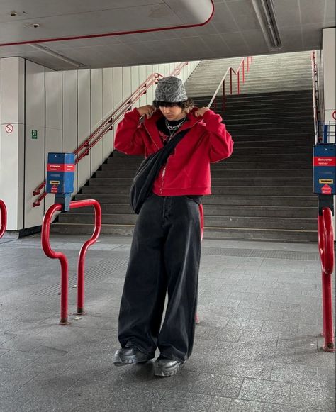 Red Aesthetic Fits Men, Red Shirt Outfit Men Streetwear, Red Streetwear Outfit Men, Red Windbreaker Outfit, Red Fits Men, German Street Fashion, Purple And Red Outfit, Red Outfits Men, Outfit Ideas Men Streetwear