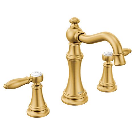 Weymouth Brushed gold two-handle high arc bathroom faucet -- TS42108BG -- Moen Gold Faucet, Roman Tub Faucets, Roman Tub, Single Hole Bathroom Faucet, Rustic Bathrooms, Widespread Bathroom Faucet, Tub Filler, Faucet Handles, Tub Faucet