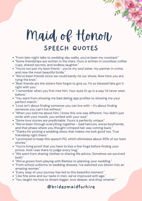 The Ultimate Wedding Speech Guide - Bridesmaid For Hire Made Of Honor Speech Sister Examples, Writing A Maid Of Honor Speech, Maid Of Honor Entrance Ideas, Maid Of Honor Speech Ideas For Best Friend, Wedding Speech Ideas For Parents, Funny Bridesmaid Speech, Wedding Toasts Maid Of Honor, Funny Maid Of Honor Speech Ideas, Maid Of Honor Speech For Best Friend