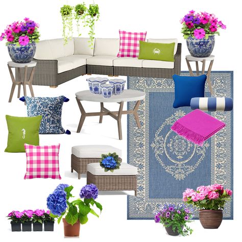 Colorful Deck Decorating Ideas, Blue Patio Decorating Ideas, Patio Color Schemes Outdoor, Pink Patio Decor, Colorful Backyard Ideas, Outdoor Spaces Diy, Colorful Outdoor Patio, Colorful Outdoor Decor, Colorful Patio Decorating Ideas