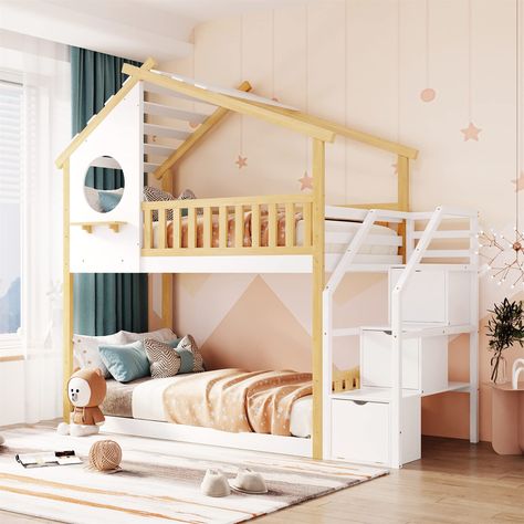 PRICES MAY VARY. 【House Bunk Beds for Kids】: This low twin size bunk bed crafted with a playhouse design, bottom bed on the floor, fit those have small children, especially toddlers. Our twin over twin bunk bed frame comes with stairs and round window, sleek and space-saving design adds a touch of elegance to your kids bedroom. 【House Bunk Bed with Storage Stairs】: Our kids bunk bed with Built-in stairs instead of a ladder for easy access to the top bunk and help you change the quilts and bed sh Bunk Bed House, Stairway Bunk Beds, Round Windows, Trundle Bed With Storage, Low Bunk Beds, House Bunk Bed, Guard Rail, Wood Bunk Beds, Bunk Beds With Stairs