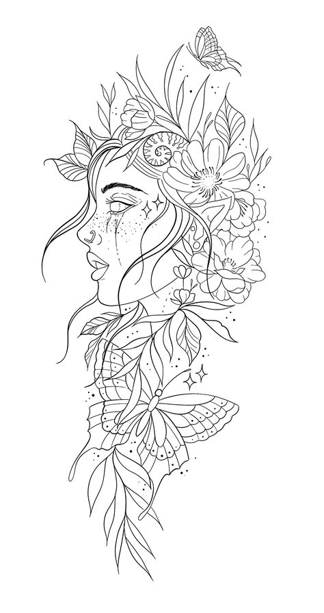 Tattoo Style Coloring Pages, Full Shin Tattoos For Women, Women Line Work Tattoo, Line Art Tattoo Stencil, Half Sleeve Stencils For Women, Mandala Hip Tattoo Design, Line Work Woman Tattoo, Half Sleeve Tattoos Drawings Women, Girly Tattoo Sleeve Ideas