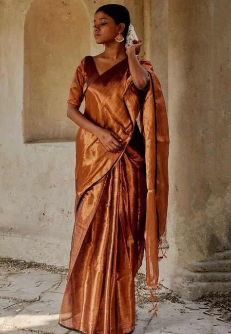 Handloom Tissue Saree in Bronze : SEG96 Bronze Saree, Apsara Dance, Tissue Saree, Orange Saree, Saree Designs Party Wear, Back Neck Designs, Saree Border, Utsav Fashion, Indian Textiles