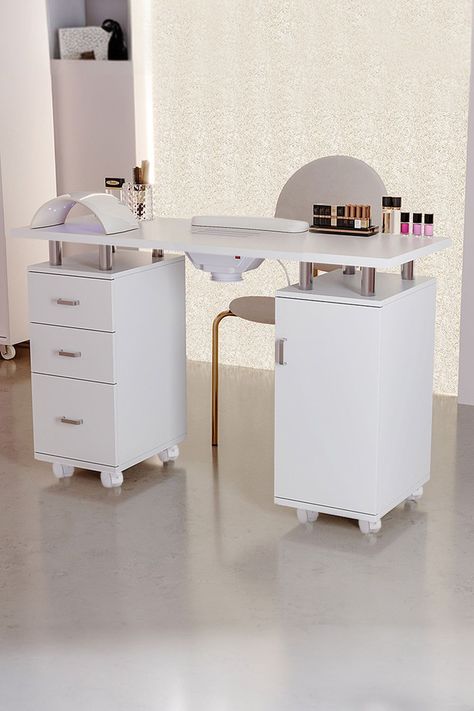 120cm Wide White Professional Manicure Station Nail Table on Wheels with Dust Collector Funky Nail Salon Decor, Nail Table Designs, Nail Table Organization, Home Nail Salon Ideas Small Spaces Interior Design, Nails Table Ideas Salons, Nail Table Set Up, Small Nail Room, Mesa Nail Designer, Nail Station Ideas