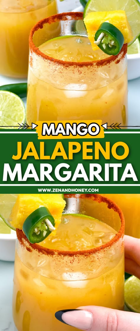 If you love sweet, spicy and smokey combination, you are going to obsess over this Mango Jalapeno Margarita recipe. It is a very special margarita that is made with fresh mangoes, Tequila, jalapenos and a Tajin chili salt rim. This mango margarita is going to become your new favorite summertime drink, because it gives the tropical and sunny vibes. Jalapeño Cocktail, Mango Jalapeno Margarita, Mango Margarita Recipe, Margarita Cocktails, Hemgjord Glass, Grill Dessert, Spicy Drinks, Jalapeno Margarita, Mango Margarita