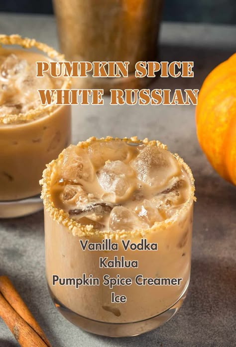 Dive into the cozy comfort of a Pumpkin Spice White Russian, where creamy decadence meets the warm, aromatic spices of fall. This cocktail is the ultimate treat for those who love to indulge in seasonal flavors with a touch of elegance. Save this pin and elevate your cocktail game with a drink that’s as comforting as it is delicious! Pumpkin Spice Creamer Cocktail, Alcoholic Pumpkin Drinks, Pumpkin Spice White Russian Recipe, Fall White Russian Cocktails, Pumpkin Spice Alcoholic Drinks, Pumpkin Spice Rumchata Drinks, Pumpkin Spice Cocktail Recipes, Pumpkin Alcohol Drinks, Pumpkin Drinks Alcoholic