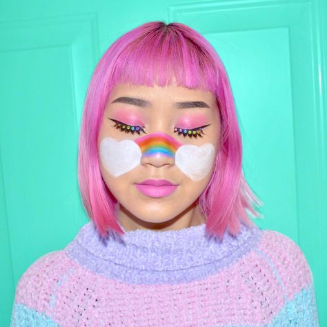 Rainbow Face Makeup, Bear Face Paint, Rainbow Costumes, Bear Makeup, Cheer Bear, Rainbow Face, Bear Halloween, Book Week Costume, Birthday Unicorn