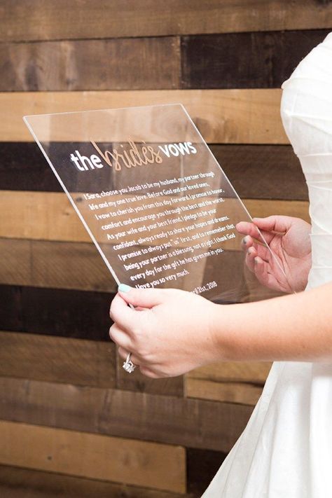 These DIY acrylic vow boards are the best thing I've ever seen! Personal Wedding Vows, The Vow, Wedding Acrylic, Industrial Inspiration, Personalized Acrylic, Wedding Guide, Industrial Wedding, Wedding Vows, Budget Wedding