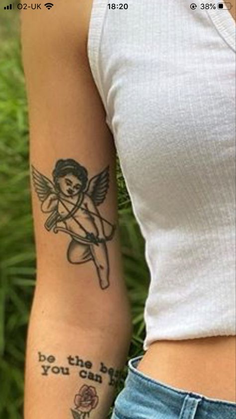 Cupid Tattoo Traditional, Pierced Heart Tattoo, Cherub Tattoo Traditional, Draw School, Dorm Items, Tattoo 2022, Cupid Tattoo, Tattoo 2023, Cherub Tattoo