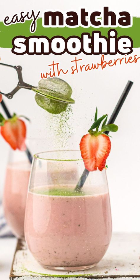 matcha strawberry smoothie in glass with matcha powder being sprinkled on top. Macha Drinks, Recipes With Matcha, Matcha Smoothie Recipe, Health Benefits Of Matcha, Flavored Coffee Recipes, Afternoon Smoothie, Matcha Strawberry, Flavored Coffee Creamer, Strawberry Matcha