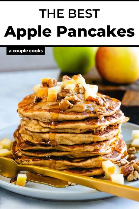 These cozy-spiced apple cinnamon pancakes are a healthy way to start the day! They're deliciously wholesome, made with oats and maple syrup. #applecinnamonpancakes #applepancakes #applecinnamon #oatmealpancakes #oatmeal #easypancakes Cinnamon Pancake Recipe, Cinnamon Pancakes Recipe, Greek Yogurt Oatmeal, Desserts Fall, Cold Dip Recipes, Apple Cinnamon Pancakes, A Couple Cooks, Brunch Desserts, Cinnamon Pancakes