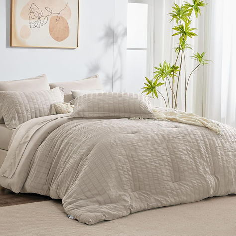 CozyLux Full Seersucker Comforter Set with Sheets Beige Bed in a Bag 7-Pieces All Season Bedding Sets with Comforter, Pillow Sham, Flat Sheet, Fitted Sheet, Pillowcase Khaki Bedding, Neutral Comforter, Amazon Bedding, Linen Comforter, Textured Bedding, Bed Comforter Sets, Beige Bed, Quilt Comforter, Bed In A Bag