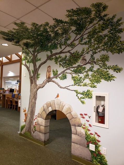 Library Murals Elementary, Swiftie Bedroom, Book Mural, Library Murals, Tree Design On Wall, Fairy Mural, Library Wall Decor, Kids Craft Work, Castle School