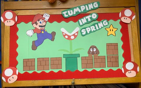 Super Mario School Bulletin Board, Super Mario Brothers Bulletin Board, Mario Brothers Bulletin Board Ideas, Mario Themed Bulletin Board, Mario Themed Classroom Bulletin Boards, Super Mario Classroom Decorations, Mario Bulletin Board Ideas, Super Mario Bros Bulletin Board, Ra Bulletin Board Ideas Spring