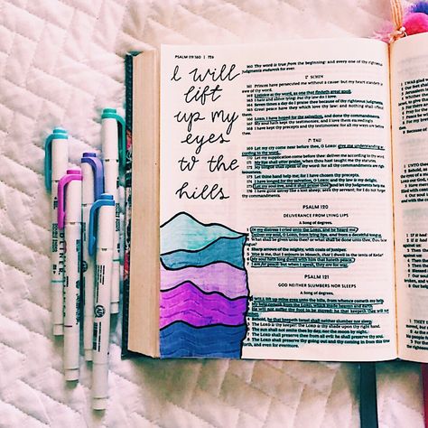 Psalm 121 Bible Journaling, Psalms Bible Journaling, Easy Bible Journaling, Bible Goals, Scripture Notes, Bible Drawings, Bible Lettering, Bible Board, Bible Doodles