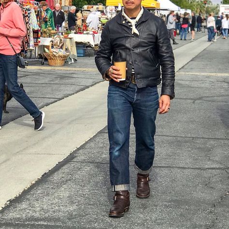 Vintage Engineer Boots on Instagram: “At the Palm Springs Vintage Market on day 50 with my #CampusStallion leather jacket by none other than @ChristopheLoiron, founder and…” Engineer Boots Outfit, Engineer Boots Men, Palm Springs Vintage, Motorcycle Boots Outfit, Frye Engineer Boots, Boots Men Outfit, Manly Stuff, Black Stallion, Engineer Boots