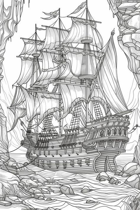 Adult Colouring Printables Free, Pirate Ship Drawing, Pirate Ship Tattoos, Pirate Illustration, Ship Sketch, Adult Coloring Pages Free Printable, Pirate Ship Art, Pirate Coloring Pages, Coloring Page For Adults