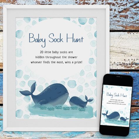 Happy Whale Sock Hunt Baby Shower Game Poster - Baby Shower Gifts Diaper Baby Shower Game, Whale Baby Shower Theme, Ocean Baby Showers, Happy Whale, Whimsical Typography, Sea Baby Shower, Late Night Diapers, Baby Shower Diaper Raffle, Baby Shower Supplies