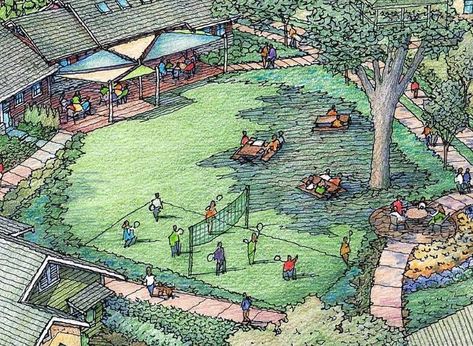 Retirement Community Design, Park Perspective, Symbiotic Architecture, Landscape Design Concept, Concept Landscape, Landscape Renovation, Solar Punk, Eco Village, Tiny House Village