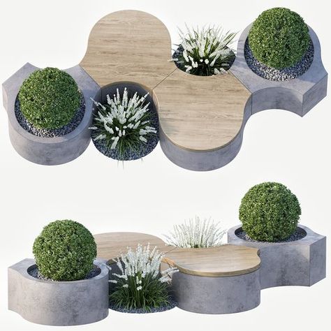 Bench with Plants - Urban Furniture 02 Organic Urban Design, Organic Bench Design, Small Park Design Ideas, Gathering Space Design, Bench Landscape, Urban Furniture Bench, Modern Bench Design, Concrete Furniture Design, Plant Bench