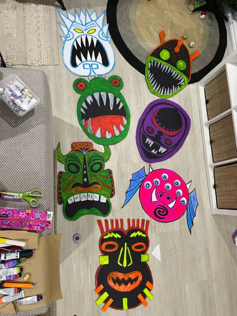 Costuming for Moana Jr - fluorescent painted masks on A2 foam board Moana Jr Set, Moana Monsters, Moana Jr Props, Moana Set Design, Moana Jr Set Design, Moana Jr Costumes, Moana Jr, Monster Masks, Painted Masks