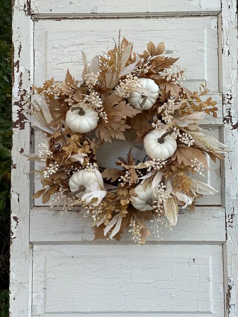 Neutral White Pumpkin Wreath for Front Door, Autumn Wreath, Fall Mantel Wreath, Rustic Decor, Harvest Wreath, Nature Core Fall Decor Fall Decor White Pumpkins, Neutral Fall Wreaths For Front Door, White Pumpkin Wreath, Neutral Autumn Decor, Mantel Wreath, White Flower Wreath, Rope Wreaths, Nature Core, Thanksgiving Vibes