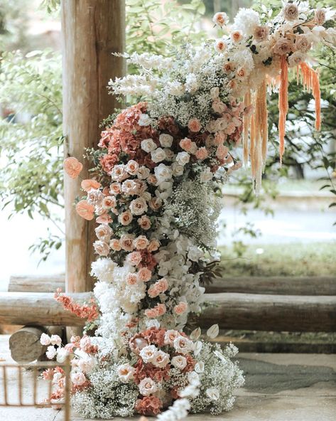 Flower Arch For Engagement, Flower Arch Engagement, Pastel Flower Arch Wedding, Floor Wedding Flowers, Wedding Flower Arrangements Arch, Pink Flower Arch Wedding, Pastel Pink And Orange Wedding, Sage And Peach Wedding, Pink And Beige Wedding