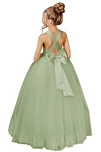 Sage Green Flower Girl Dress, Dress Satin Long, Sage Flower Girl Dress, Halter Flower Girl Dress, Prom Dress With Bow, Girls Ball Gown Dresses, Gown Dress Party Wear, Green Flower Girl Dresses, Satin Long Prom Dress